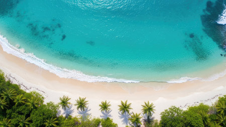 Aerial view of beautiful tropical beach with white sand, turquoise water and coconut palm tree.の素材