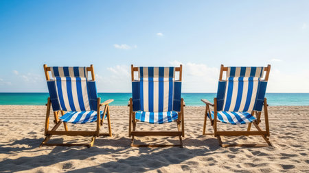 Beach chairs on the sandy beach with blue sky and sea backgroundの素材