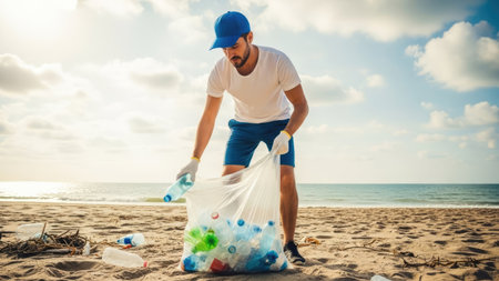Volunteer collecting plastic waste on the beach. Recycling concept.の素材
