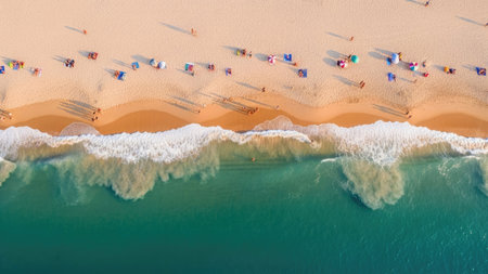 Aerial view of the beautiful sandy beach in Algarve, Portugalの素材