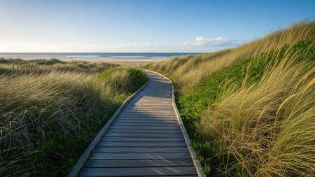Wooden boardwalk through the dunes on the North Sea coastの素材