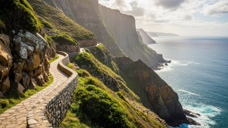 Winding road along the Atlantic Ocean coast in Cape Town, South Africaの素材