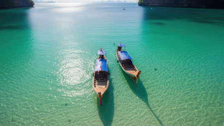 Longtail boat on the turquoise sea in Krabi, Thailandの素材