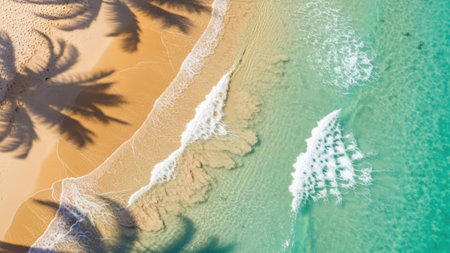 Aerial view of beautiful tropical beach with palm trees and sand.の素材