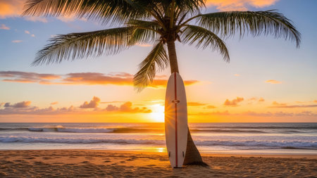 Surfboard on the beach with palm tree at sunset in Hawaiiの素材