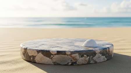 Stone podium in the sand with seashells. 3d renderingの素材