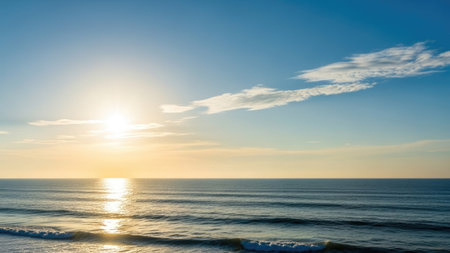 Sunset over the sea. Beautiful seascape with blue sky.の素材