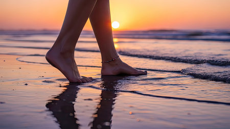 Beautiful woman legs walking on the beach at sunset time. Vacation conceptの素材