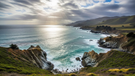 Sunset on the Pacific Ocean in Big Sur, California, USAの素材