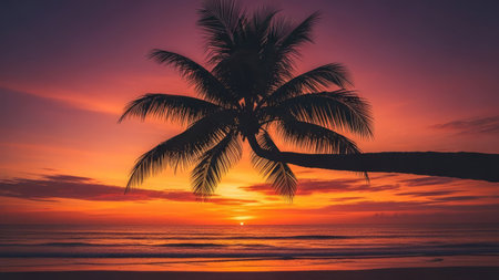 Silhouette coconut palm tree at beautiful sunset beach - Vintage Filterの素材