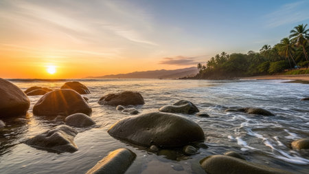 Beautiful sunset on the beach with rocks and palm trees, Sri Lankaの素材