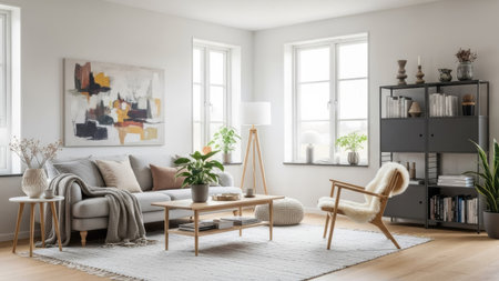 Interior of modern living room with white walls, wooden floor, comfortable sofa and armchair near coffee table. 3d renderingの素材