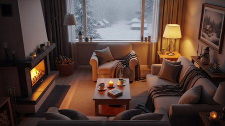 Interior of the living room in the winter. 3D renderingの素材