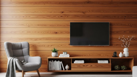 Interior of modern living room with tv, armchair and wooden wall. 3d renderの素材