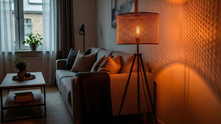 Interior of a living room with a sofa and a lamp.の素材