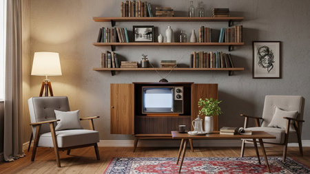 Interior of living room with bookshelf, tv and armchair. 3d renderの素材