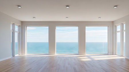 Empty room with sea view, 3d rendering. Computer digital drawing.の素材