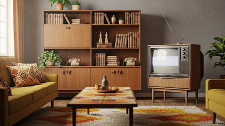 Interior of modern living room with vintage TV. 3D renderingの素材