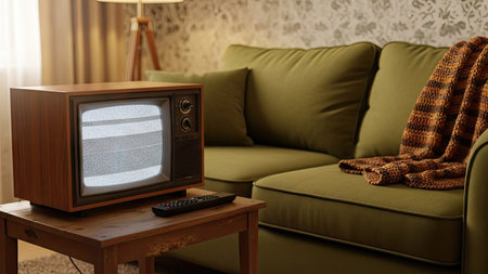 Retro TV set on a table in the living room. 3d renderingの素材