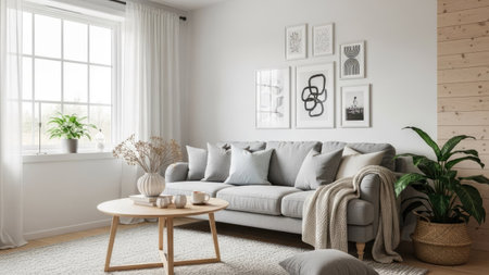 interior modern bright room with grey sofa 3D rendering illustration computer generated imageの素材