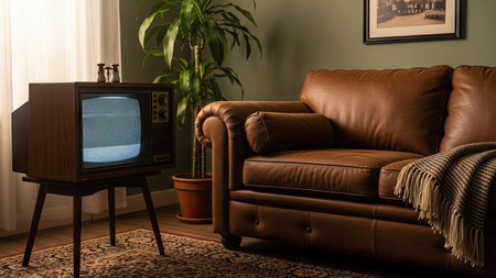 Interior of living room with brown leather sofa and vintage TV.の素材