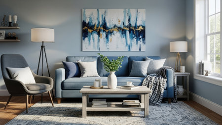 Interior of the living room with blue sofa. 3D illustrationの素材