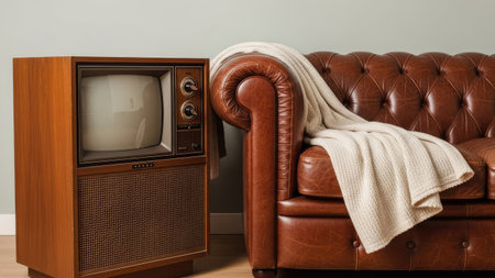 Vintage brown leather sofa with a TV on the wall background.の素材