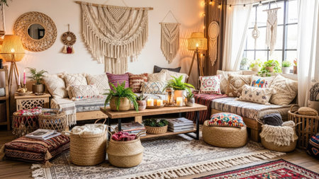 Interior of a cozy living room with a sofa, pillows, cushions, candles and decorationsの素材