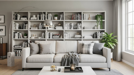 Living room interior design. 3d render. Living room with bookshelf.の素材