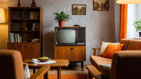 Interior of a living room with a brown sofa, a coffee table and a TV setの素材