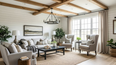 interior of a modern living room with beige sofasの素材
