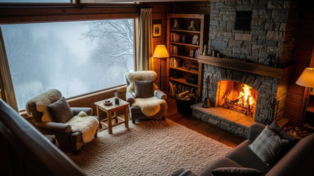 Cozy living room with fireplace and armchairs. Cozy winter eveningの素材