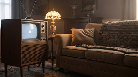Vintage TV and sofa in living room at night with lamp.の素材
