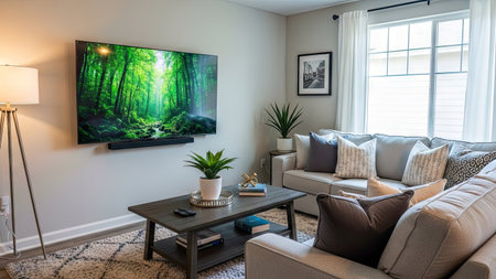 Living room interior with green plants and modern furniture. Northwest, USAの素材