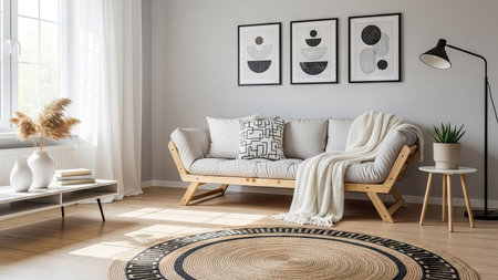 Modern scandinavian interior design. 3d render illustration mock upの素材