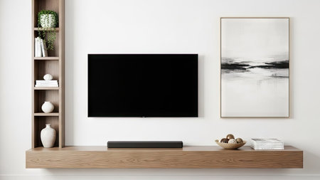 TV on a wooden shelf in the interior. 3d rendering.の素材