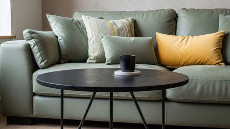 modern living room with green sofa and coffee cup, interior design conceptの素材