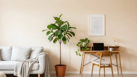 Interior of modern living room with white sofa, coffee table, plant and laptopの素材