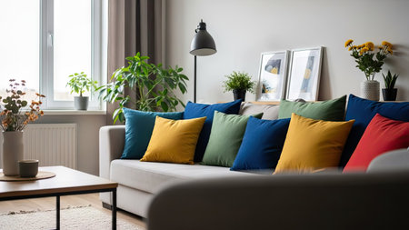interior of modern living room with comfortable sofa and colorful pillowsの素材