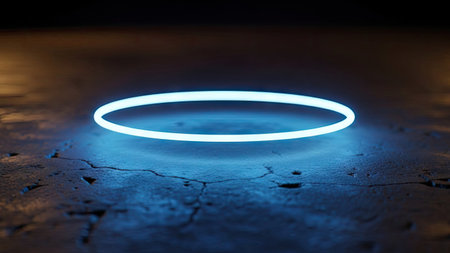 Glowing neon circle on a dark background. 3D Renderingの素材