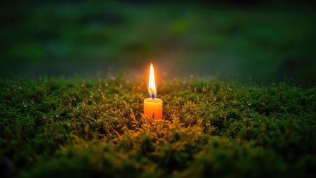 Burning candle on green moss. Shallow depth of field.の素材