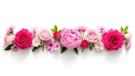 pink and pink flowers border isolated on white background. Flat lay, top viewの素材