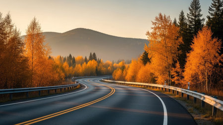 Autumn landscape. Road to the mountains at sunset. Carpathians, Ukraineの素材