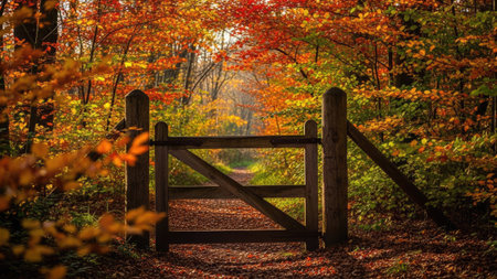 Autumnal woodland scene with a wooden gate in the middle.の素材