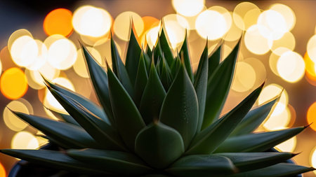 Close up of agave plant with bokeh lights in backgroundの素材