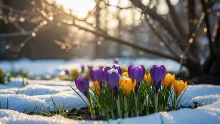 Beautiful crocuses in the snow in the early spring.の素材