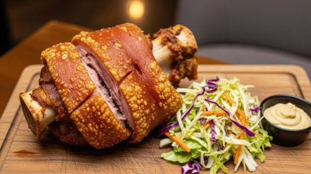 Pork knuckle on a wooden board with cabbage and mayonnaiseの素材