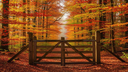 Autumn in the forest. Wooden gate in the autumn forest.の素材