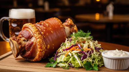 Smoked pork knuckle with cabbage and mayonnaise on wooden boardの素材