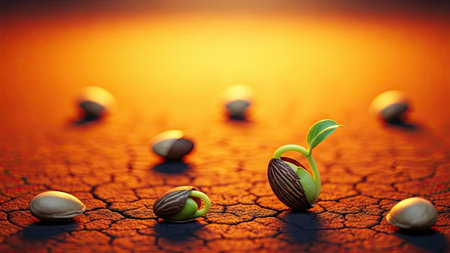Green seedling growing on cracked earth background. Concept of global warmingの素材